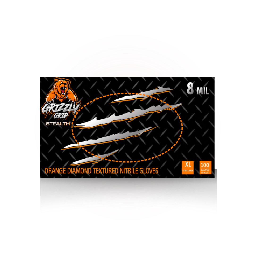 Grizzly Grip Stealth Orange Diamond Textured Disposable Nitrile Gloves