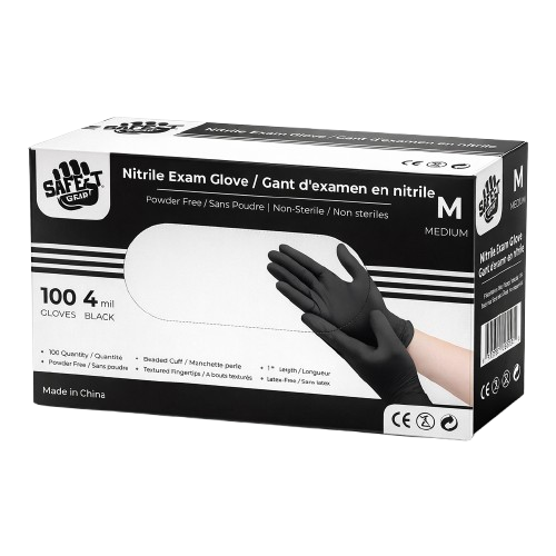 Safe-T Nitrile Exam Gloves (4 Mil) (Black) (100 Gloves/Box) - AGMD Group