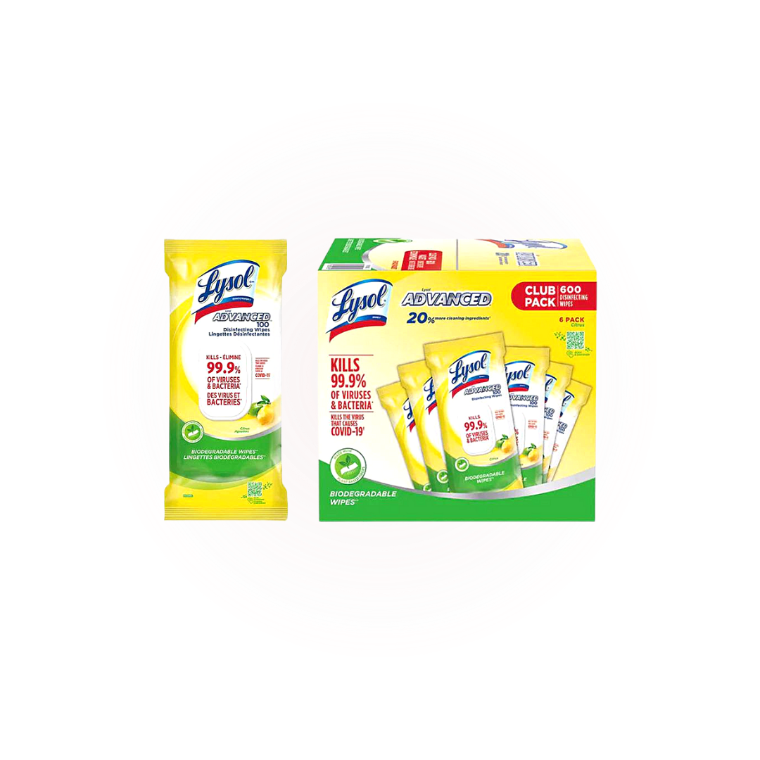 Lysol Disinfecting Surface Wipes - Citrus (1 Case, 6 Packs of 100 Wipes)